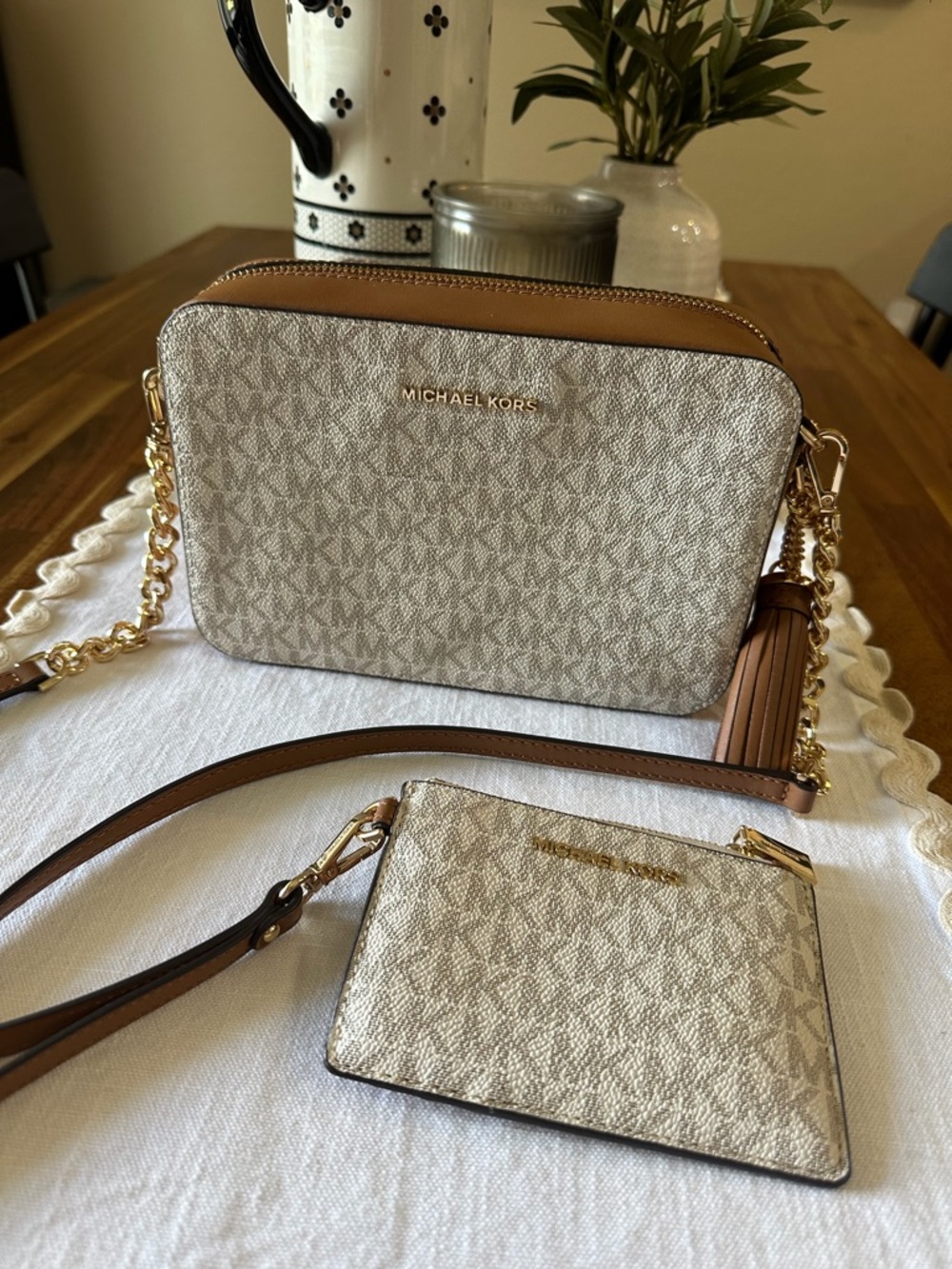 Michael Kors Beige Vanilla Logo Crossbody with Tan Trim and Gold Hardware